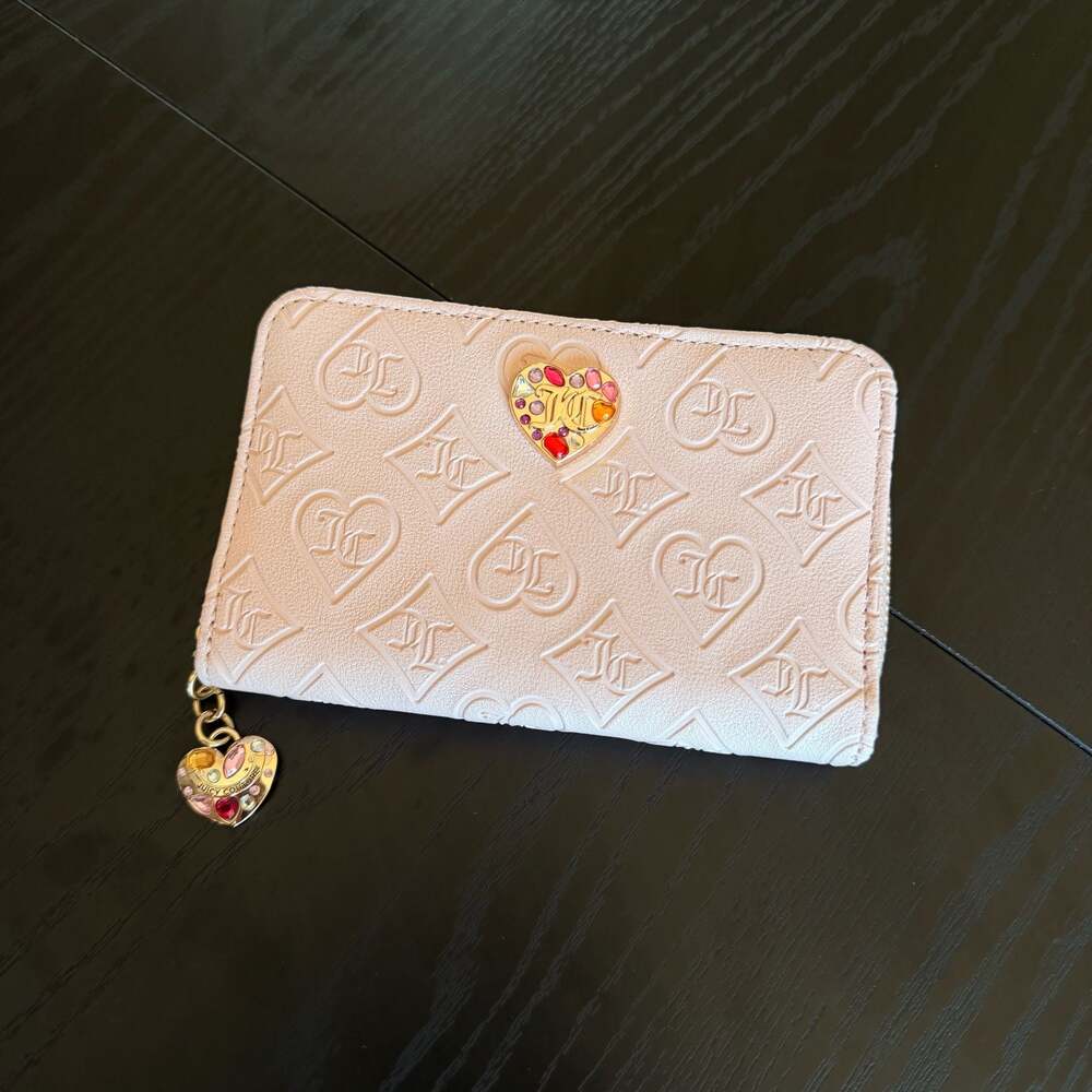 Juicy Couture Dusty Blush Pink Debossed Bifold Wallet with Gemstone Heart Charm